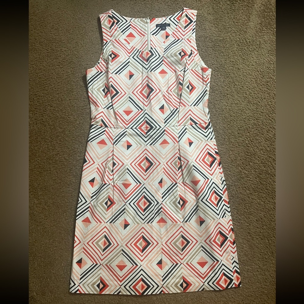 Tommy Hilfiger White Geometric Pattern Fit Flare Pleated Skirt Dress Women's 8